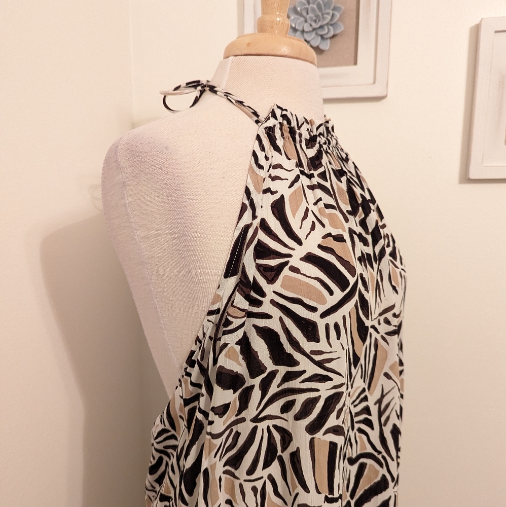 LOFT Beach Leafed Halter Ruffle Backless Maxi Dress Medium White Tan Brown - Picture 5 of 11